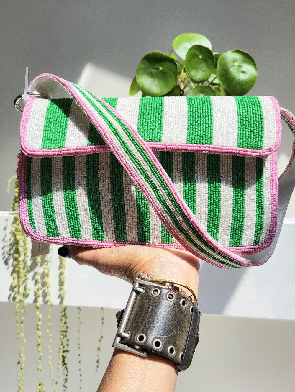 Viral Pink Green White Beaded Purse Alpha Kappa Alpha colors AKA Handbag